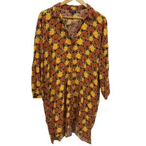Topshop Floral Print Dress Yellow Orange Button Down Collared Women's Size 10